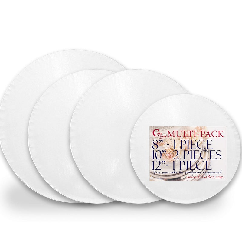 Cakebon Cake Drum Set Round - 8 Inches + 2 x 10 inches + 1 x 12 inch, Sturdy 1/2 Inch Thick - Fully Wrapped Edges (White) - Image 1